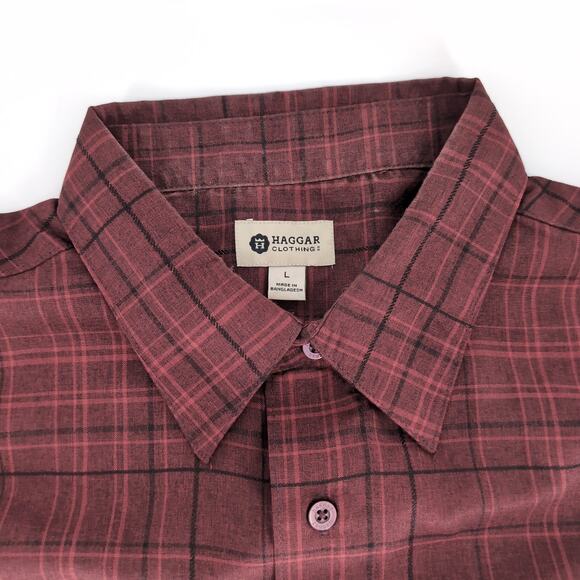 Haggar Clothing Mens Red Plaid Checkered Button Down Short Sleeve Shirt - Size L - Picture 3 of 12